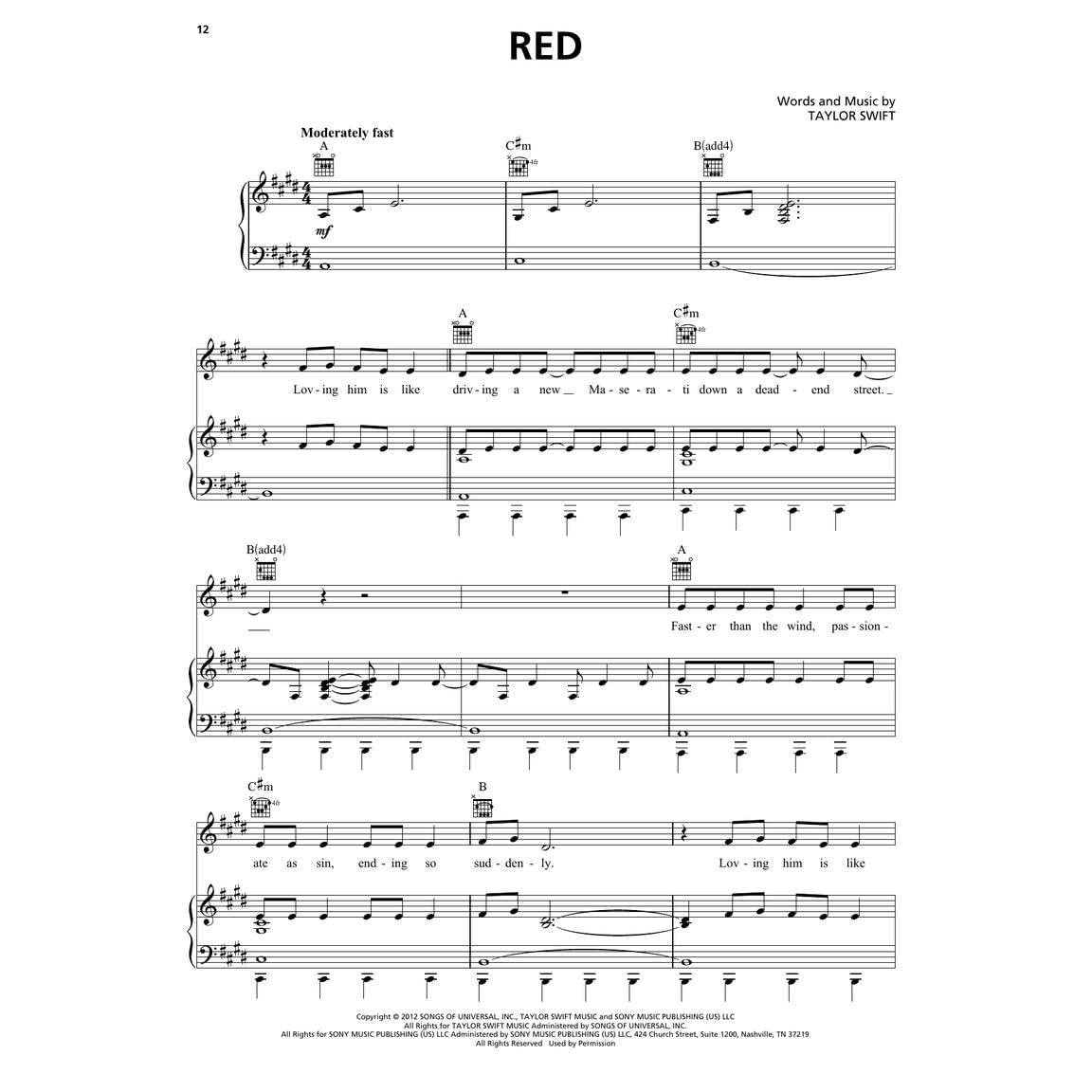 Taylor Swift RED Taylor's Version. (Piano/Vocal/Guitar Songbook) (Spiral Bound)