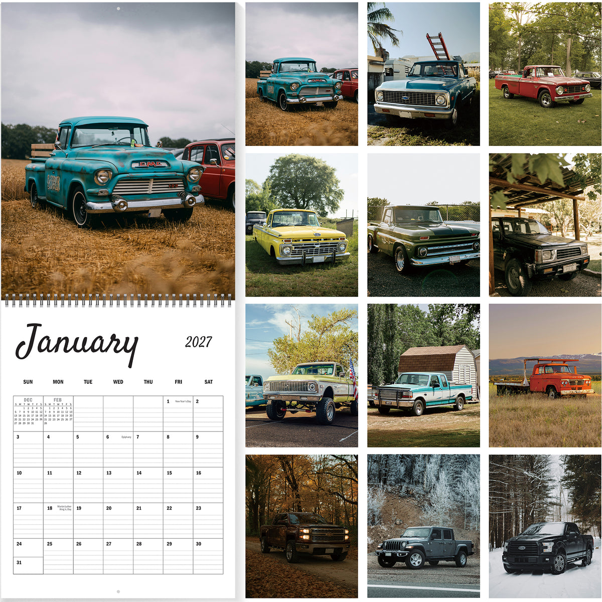 MUKAWA 2027 Wall Calendar, American Pickup Truck Scenes, 11.5" × 14.7"