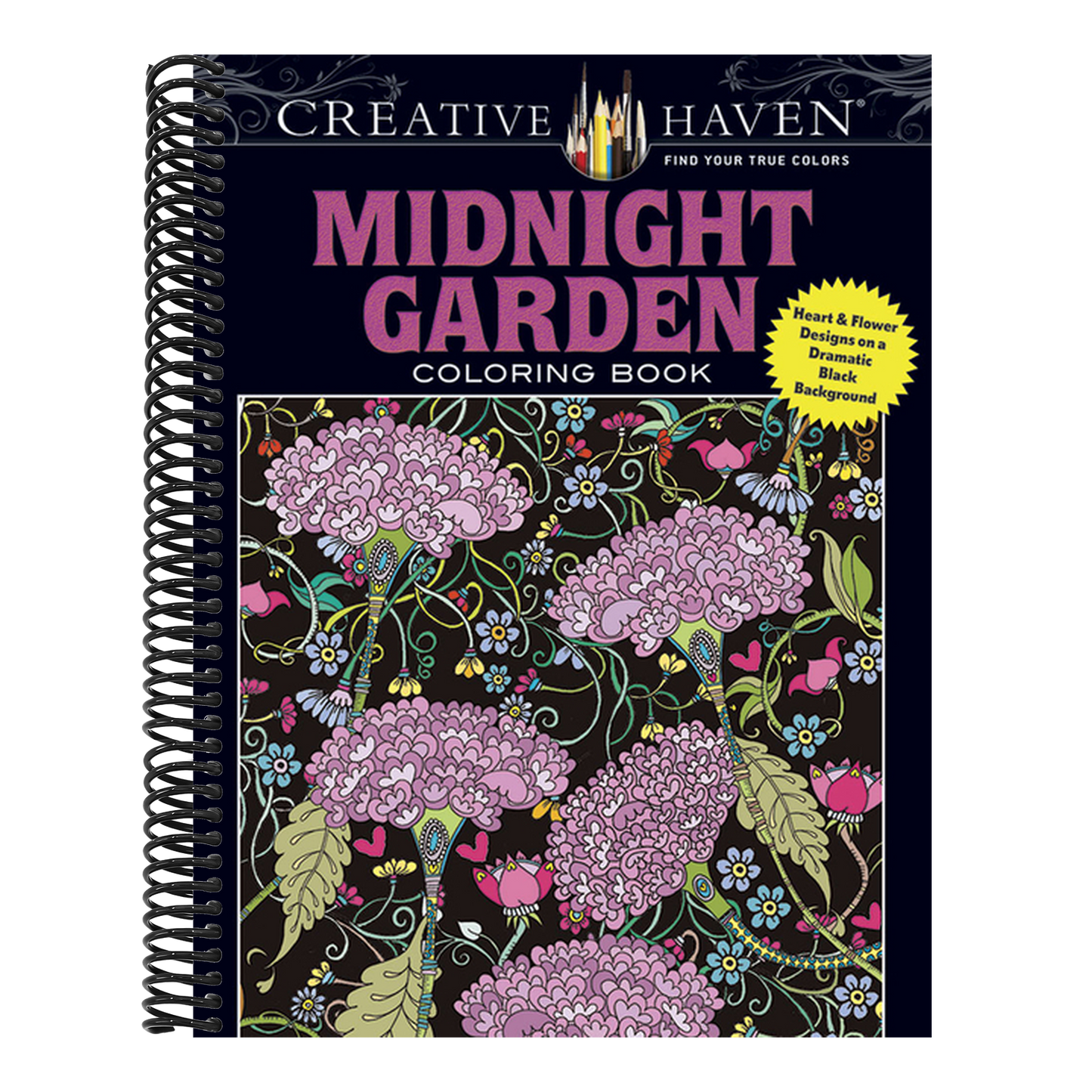 Creative Haven Midnight Garden Coloring Book: Heart & Flower Designs on a Dramatic Black Background