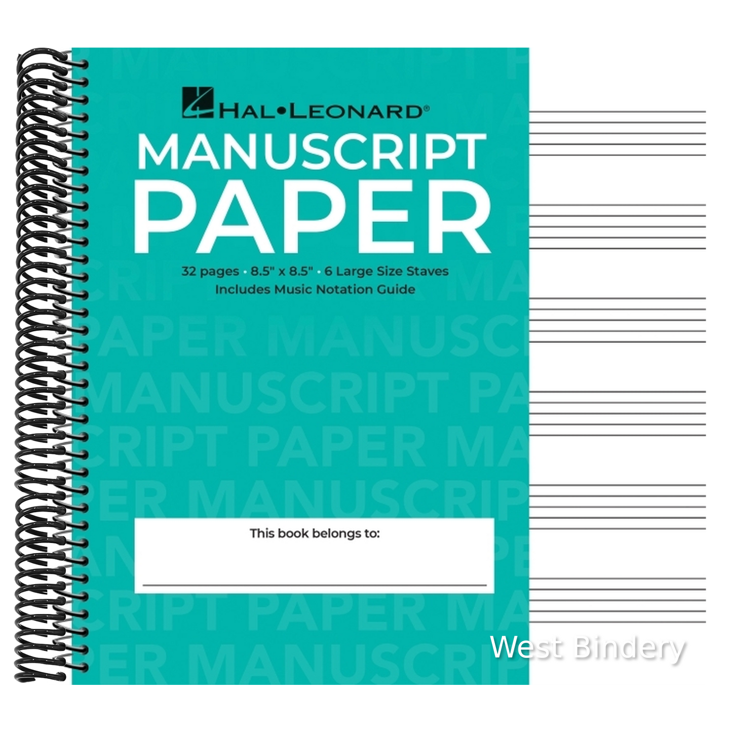 Wide Staff Wirebound Manuscript Paper Aqua Cover Spiral Music Notebook 6 Staves Per Page with Notation Guide