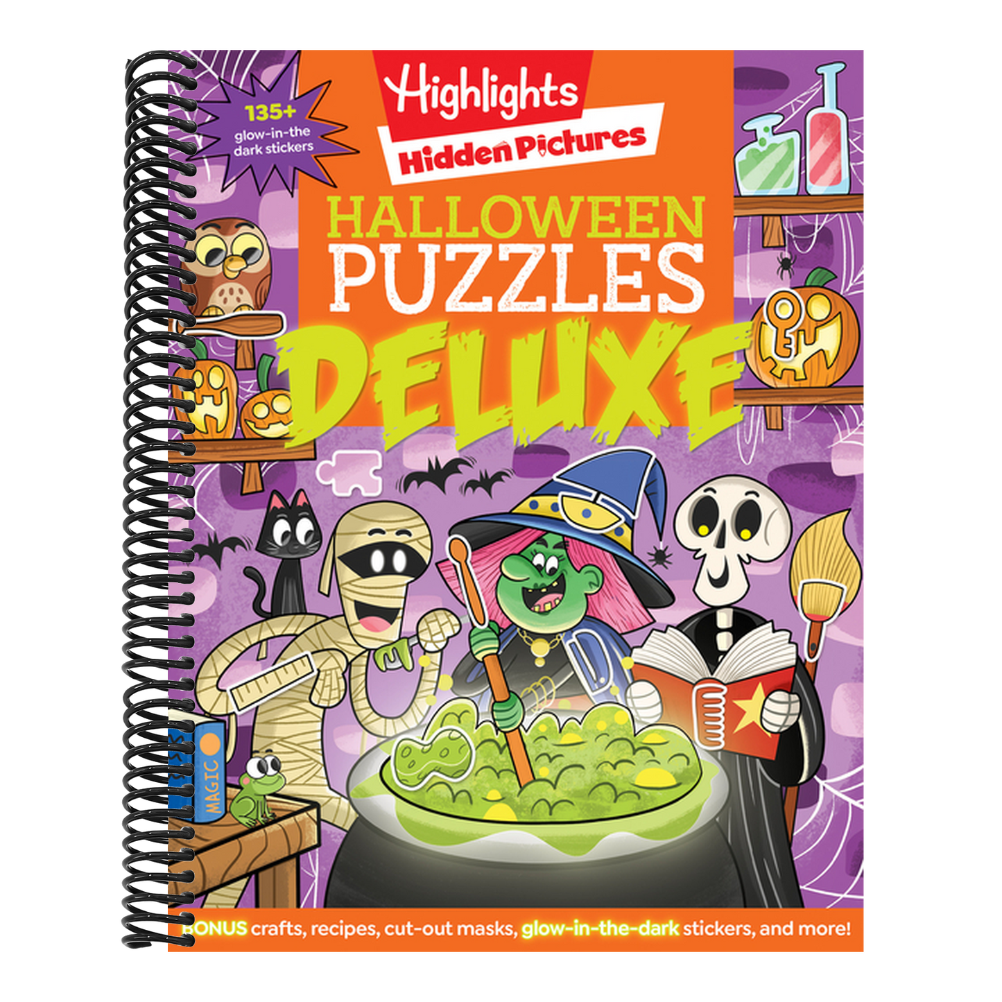 Halloween Puzzles Deluxe: Jumbo Halloween Gift for Kids with Seek and Find Puzzles, Over 600 Hidden Objects, 135 Glow-In-The-Dark Stickers, Recipes an (Highlights Hidden Pictures) (Spiral Bound)