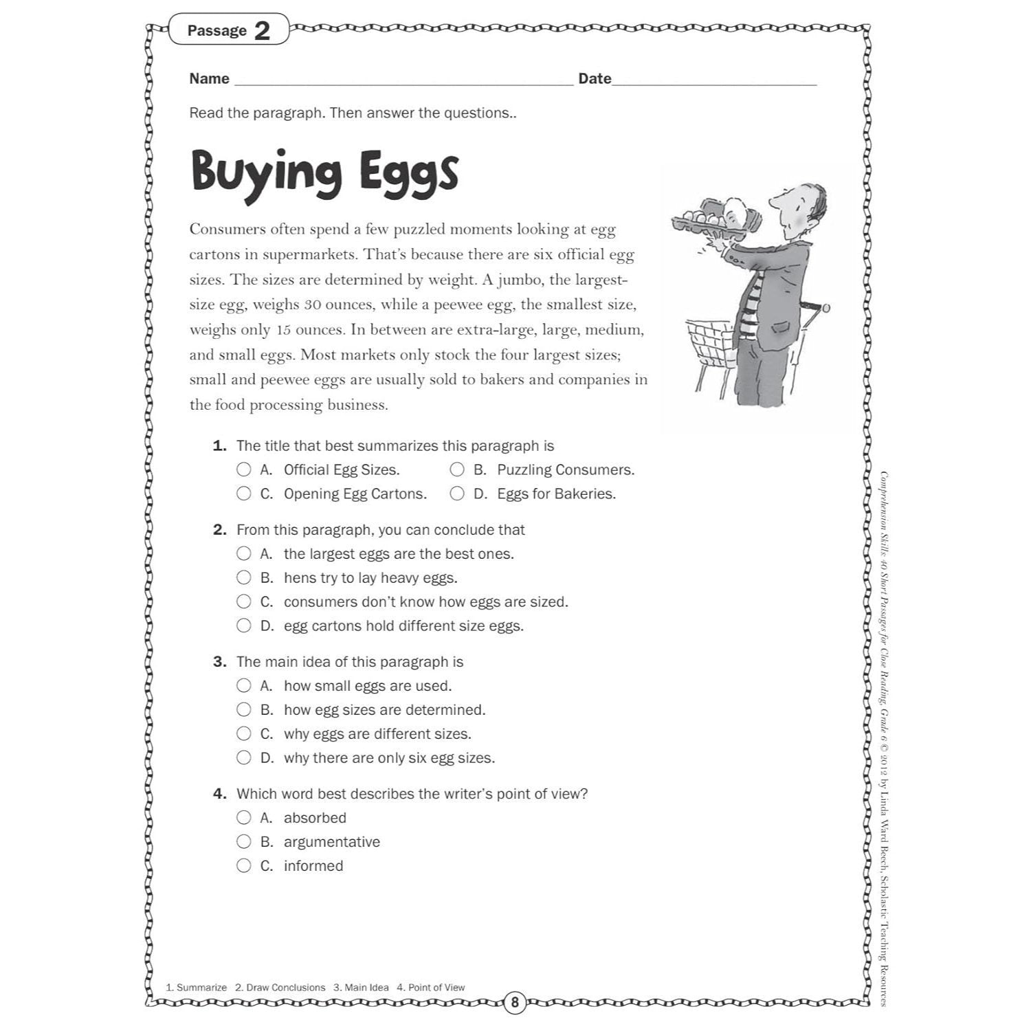 Comprehension Skills: 40 Short Passages for Close Readings, Grade 6