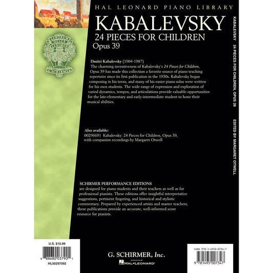 Kabalevsky 24 Pieces for Children, Opus 39 Piano Sheet Music for Late-Elementary and Early-Intermediate Players G. Schirmer Music Book for Students an
