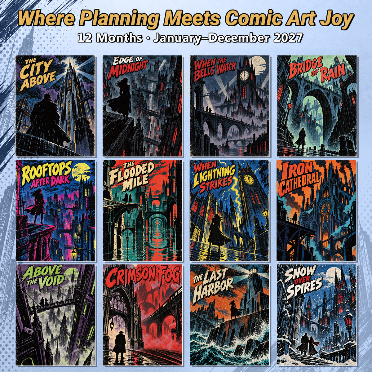 MUKAWA 2027 Comic Art Wall Calendar, 12 Gothic City Illustrations