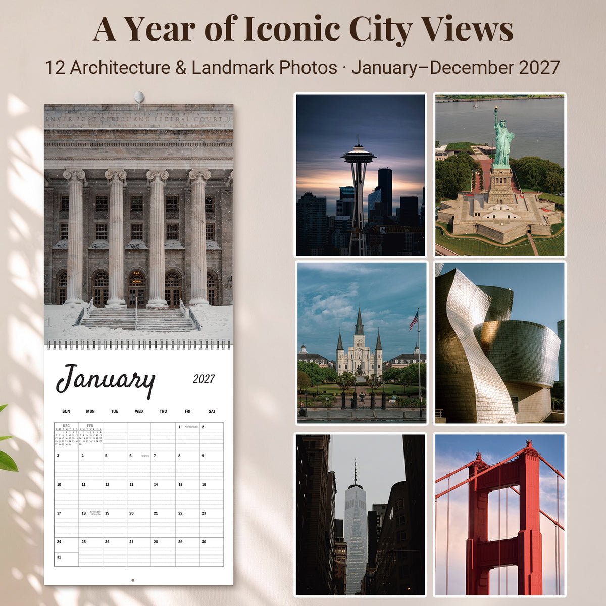 MUKAWA 2027 City Landmarks Wall Calendar, 12 Months of Iconic City Views