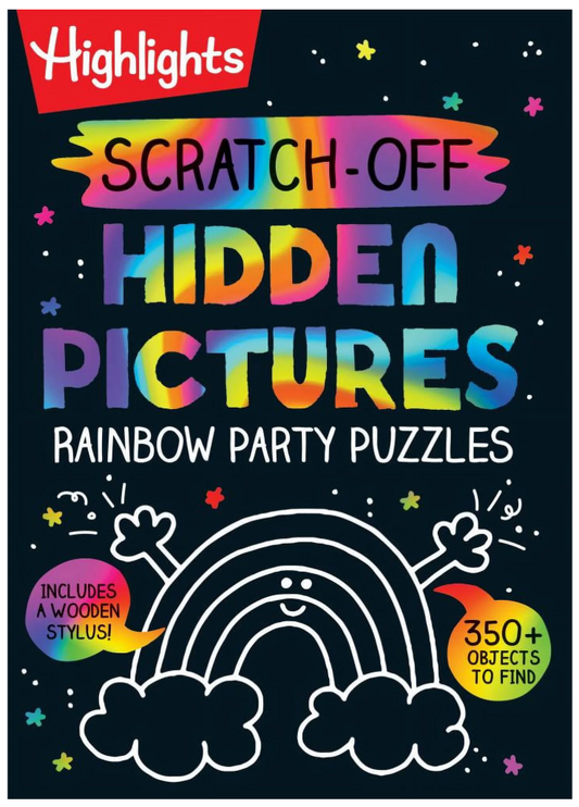 HIGHLIGHTS: Scratch-Off Hidden Pictures Rainbow Party Puzzles: Over 350 Colorful Objects to Find in This Rainbow Puzzle Book for Kids Ages 6-9, 64 pages (Paperback)
