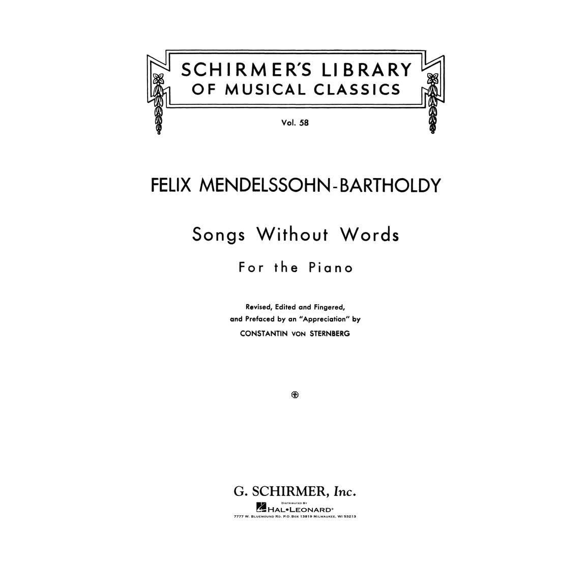 Mendelssohn - Songs Without Words for the Piano Sheet Music Book Classical Romantic Collection Schirmer Library Vol. 58