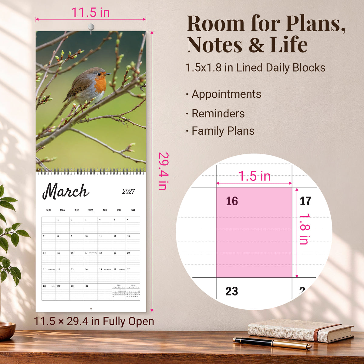 MUKAWA 2027 Bird Wall Calendar, 12 Months of Backyard Bird Scenes