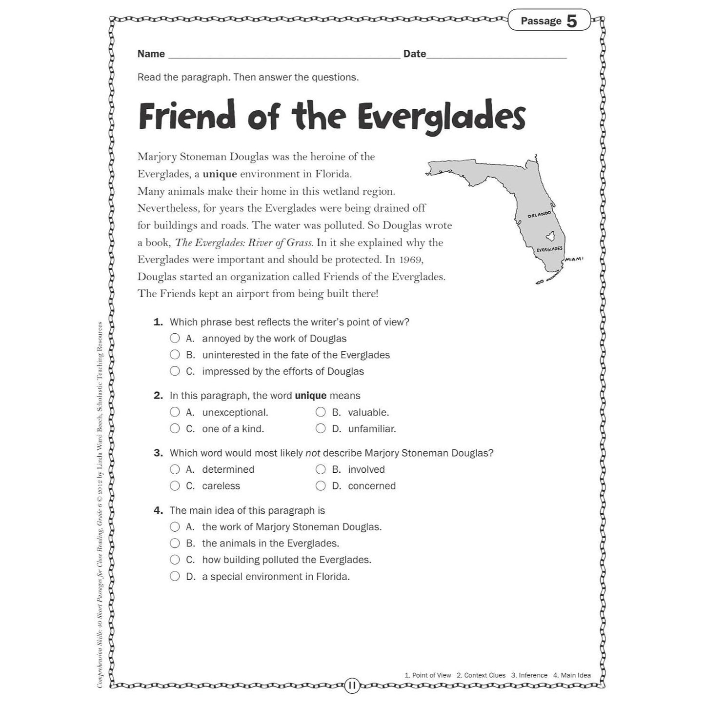 Comprehension Skills: 40 Short Passages for Close Readings, Grade 6
