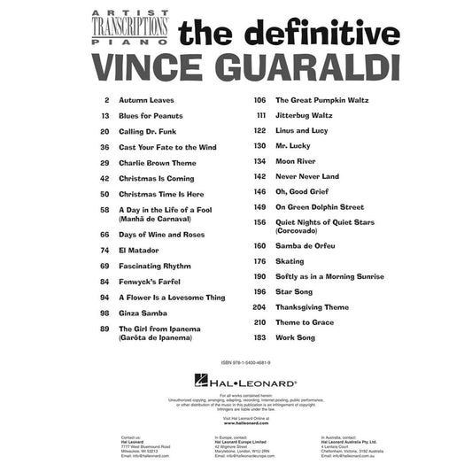 The Definitive Vince Guaraldi Artist Transcriptions for Piano 31 Jazz Classics from Peanuts and Beyond Note-For-Note Sheet Music Classics