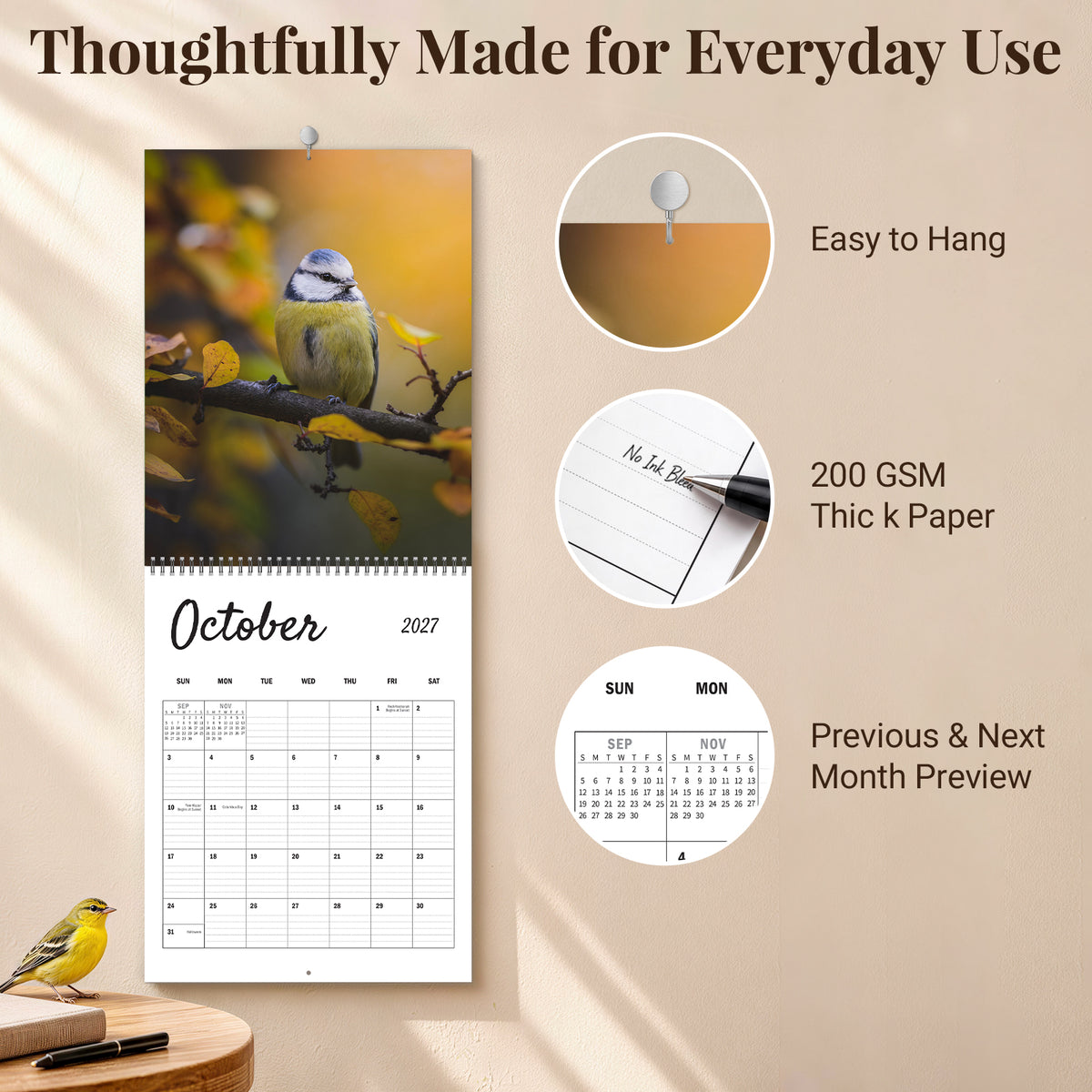 MUKAWA 2027 Bird Wall Calendar, 12 Months of Backyard Bird Scenes