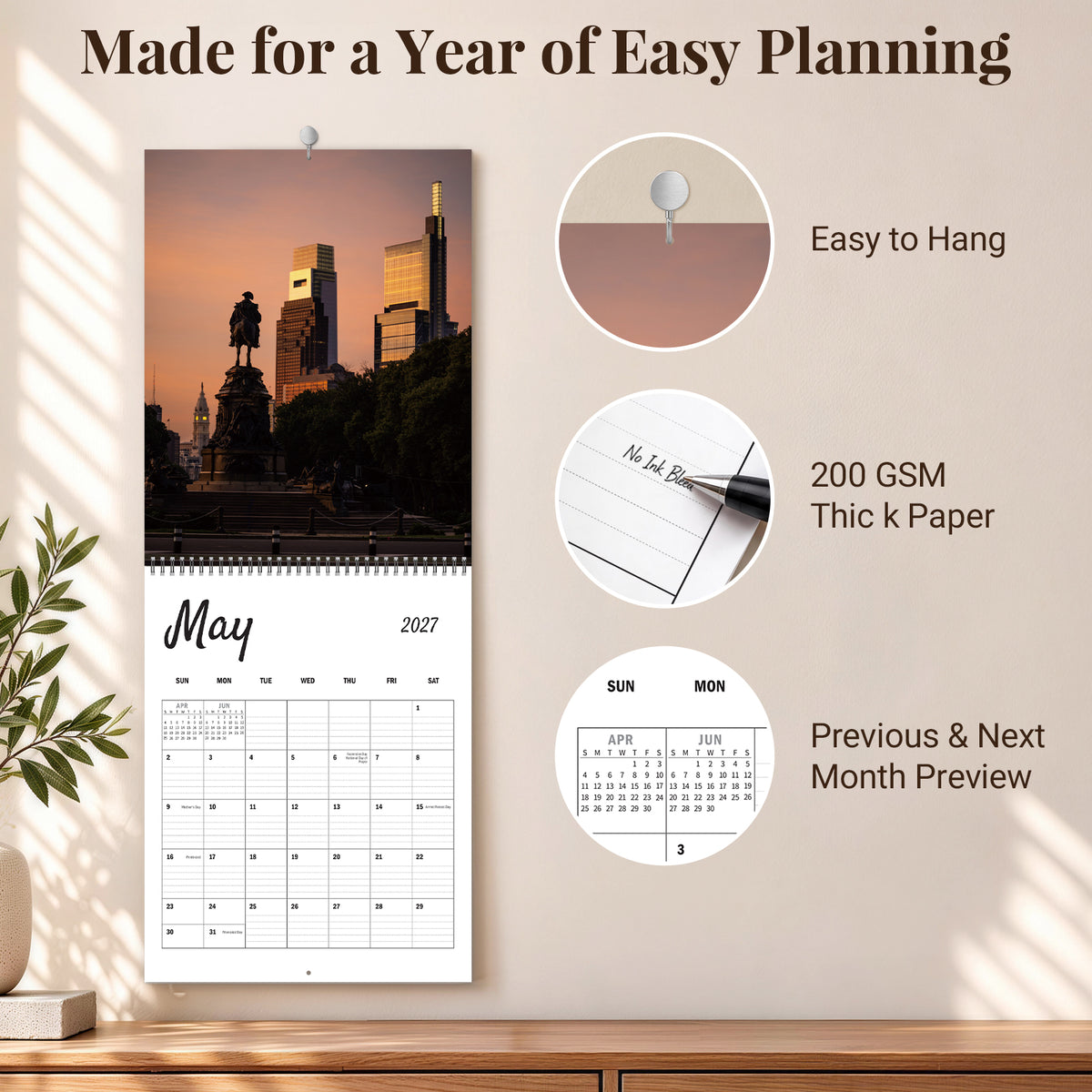 MUKAWA 2027 City Landmarks Wall Calendar, 12 Months of Iconic City Views