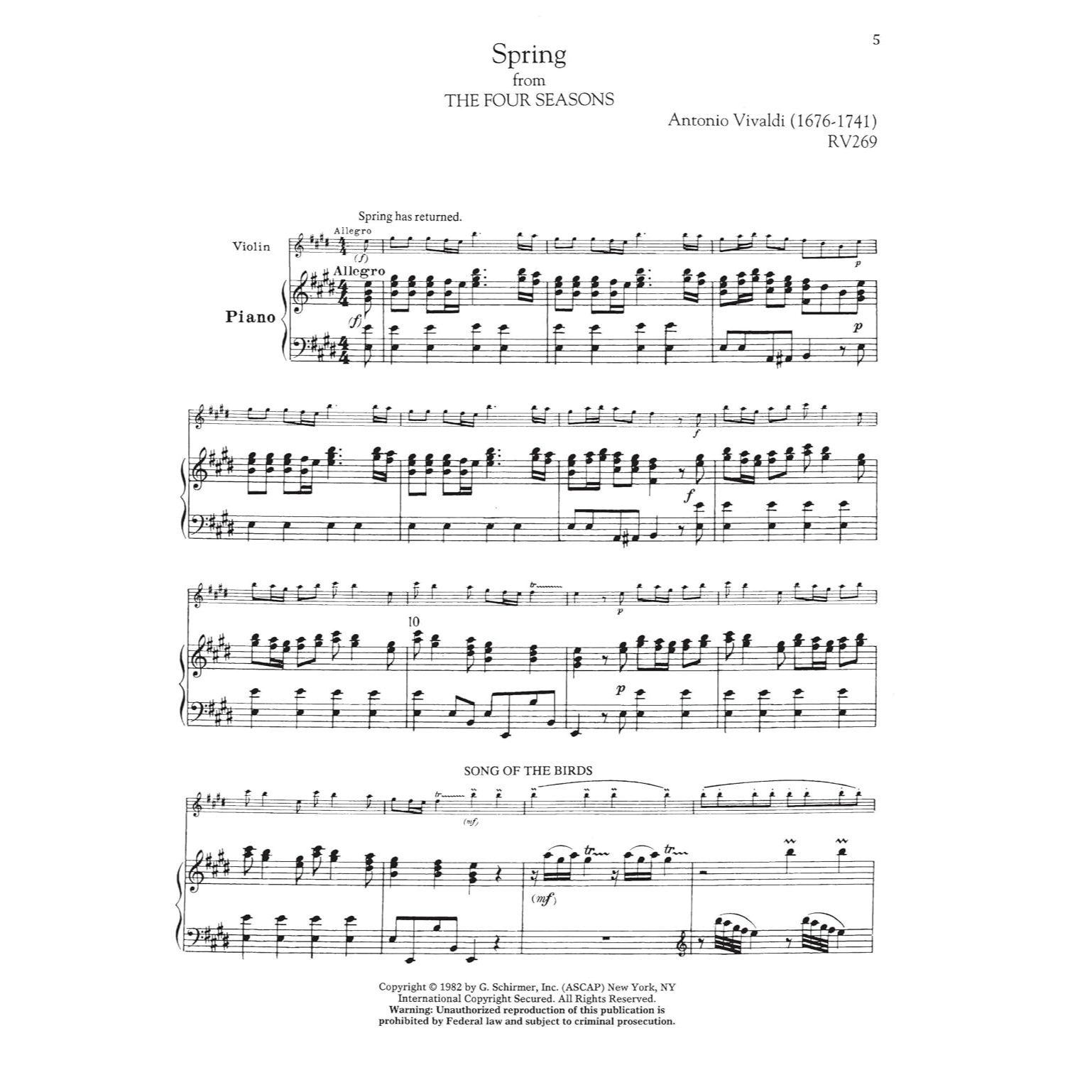 Antonio Vivaldi - The Four Seasons, Complete Four Concertos for Violin and Orchestra with Piano Reduction: Schirmer Library of Classics Volume 2047