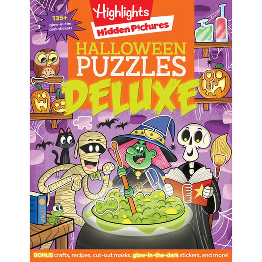 Halloween Puzzles Deluxe: Jumbo Halloween Gift for Kids with Seek and Find Puzzles, Over 600 Hidden Objects, 135 Glow-In-The-Dark Stickers, Recipes an (Highlights Hidden Pictures) (Spiral Bound)