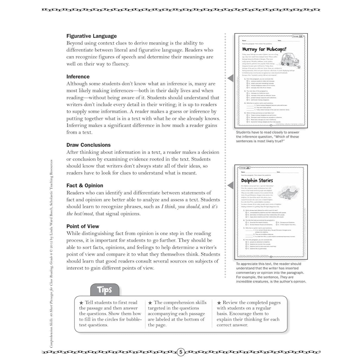 Comprehension Skills: 40 Short Passages for Close Readings, Grade 6