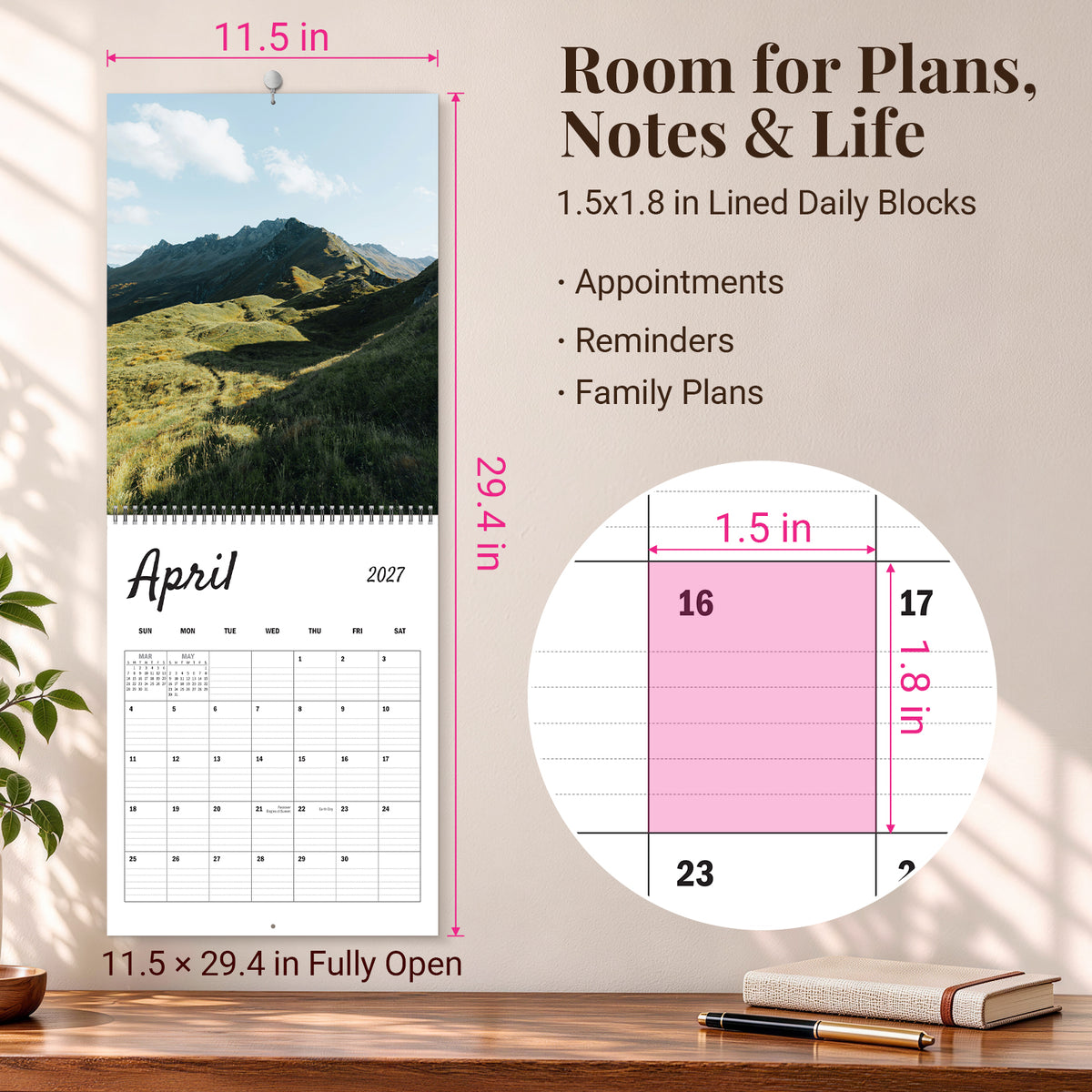 MUKAWA 2027 Mountain Wall Calendar, Four Seasons of Nature, 11.5" × 14.7"