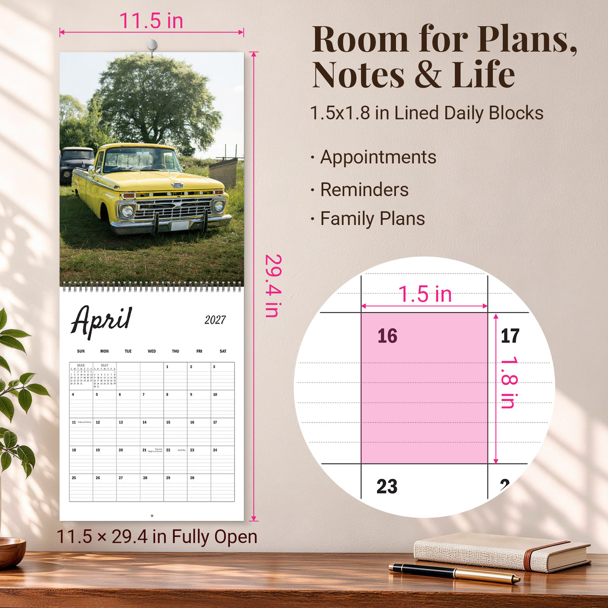 MUKAWA 2027 Wall Calendar, American Pickup Truck Scenes, 11.5" × 14.7"