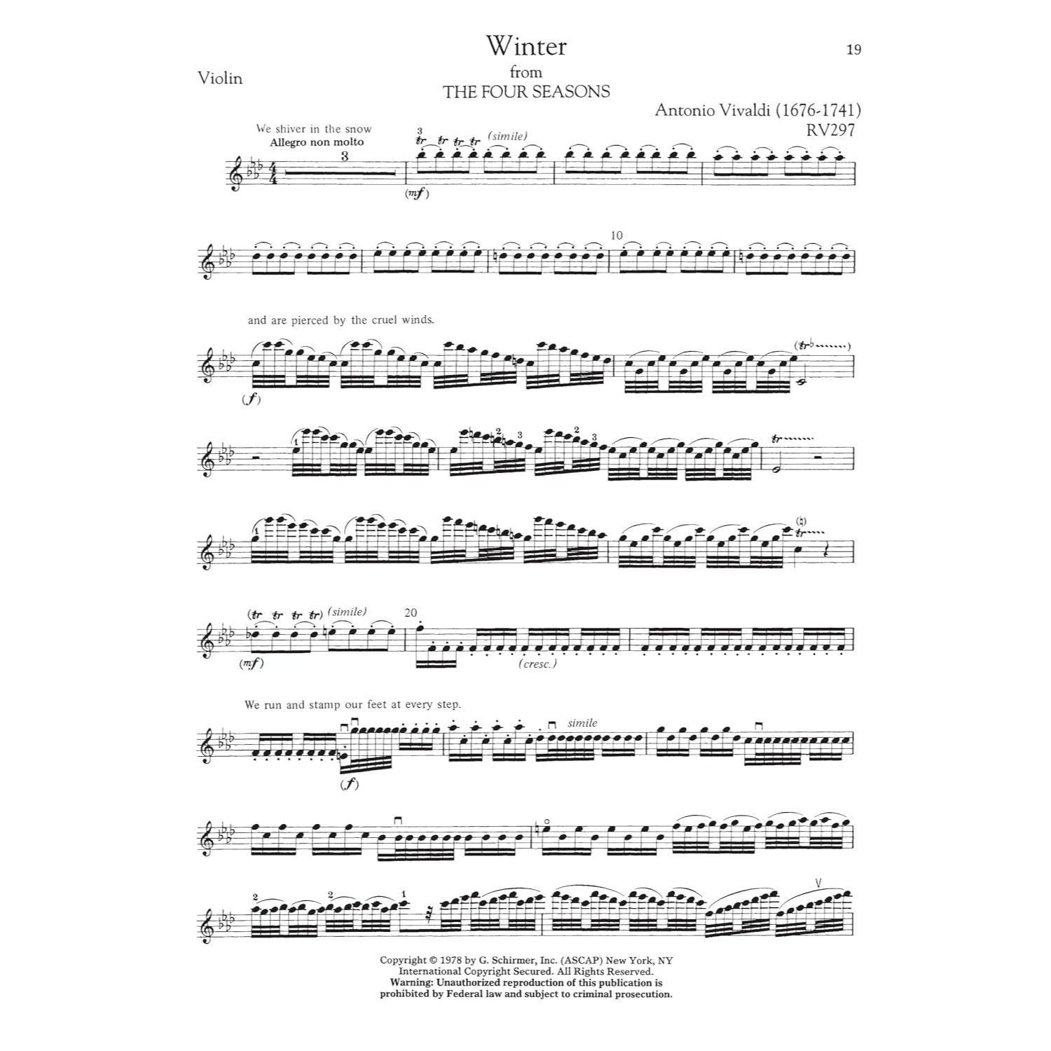 Antonio Vivaldi - The Four Seasons, Complete Four Concertos for Violin and Orchestra with Piano Reduction: Schirmer Library of Classics Volume 2047