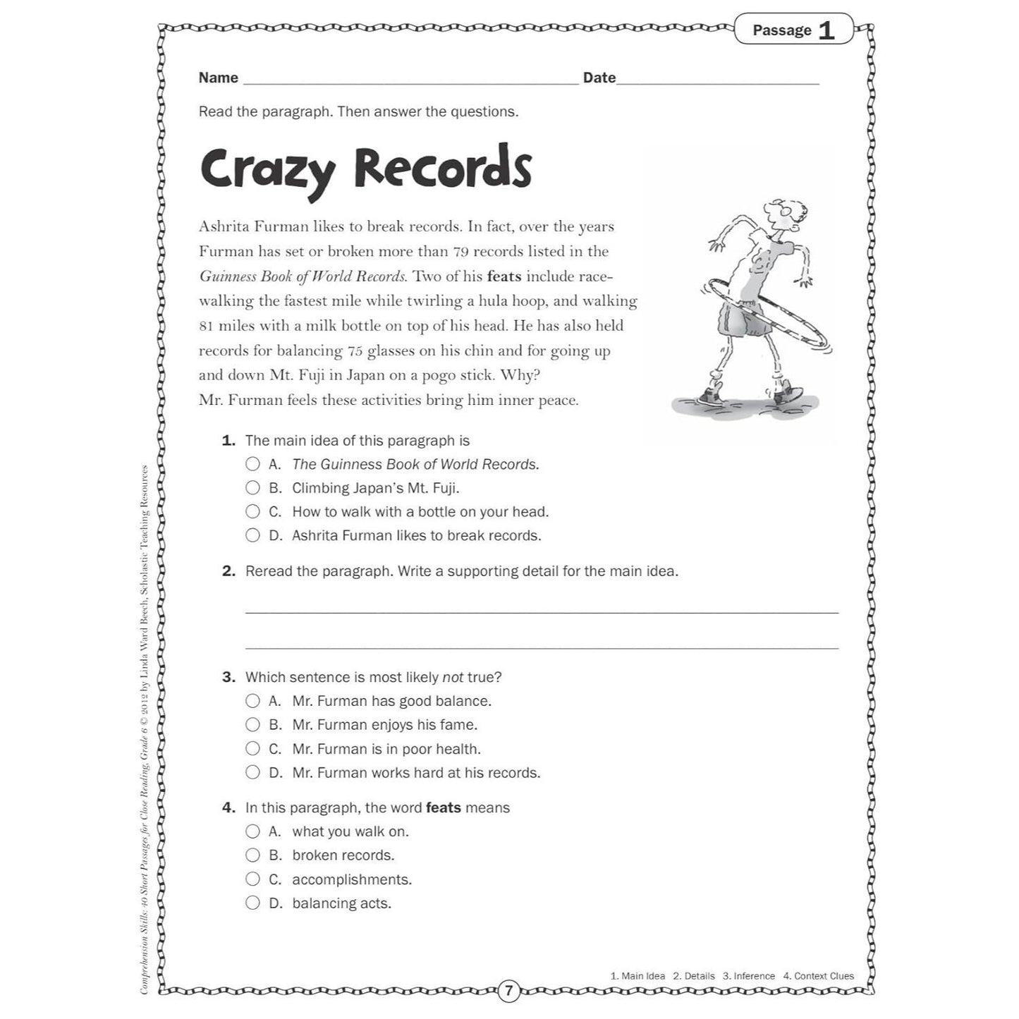 Comprehension Skills: 40 Short Passages for Close Readings, Grade 6