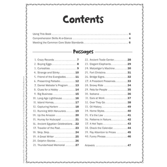 Comprehension Skills: 40 Short Passages for Close Readings, Grade 6