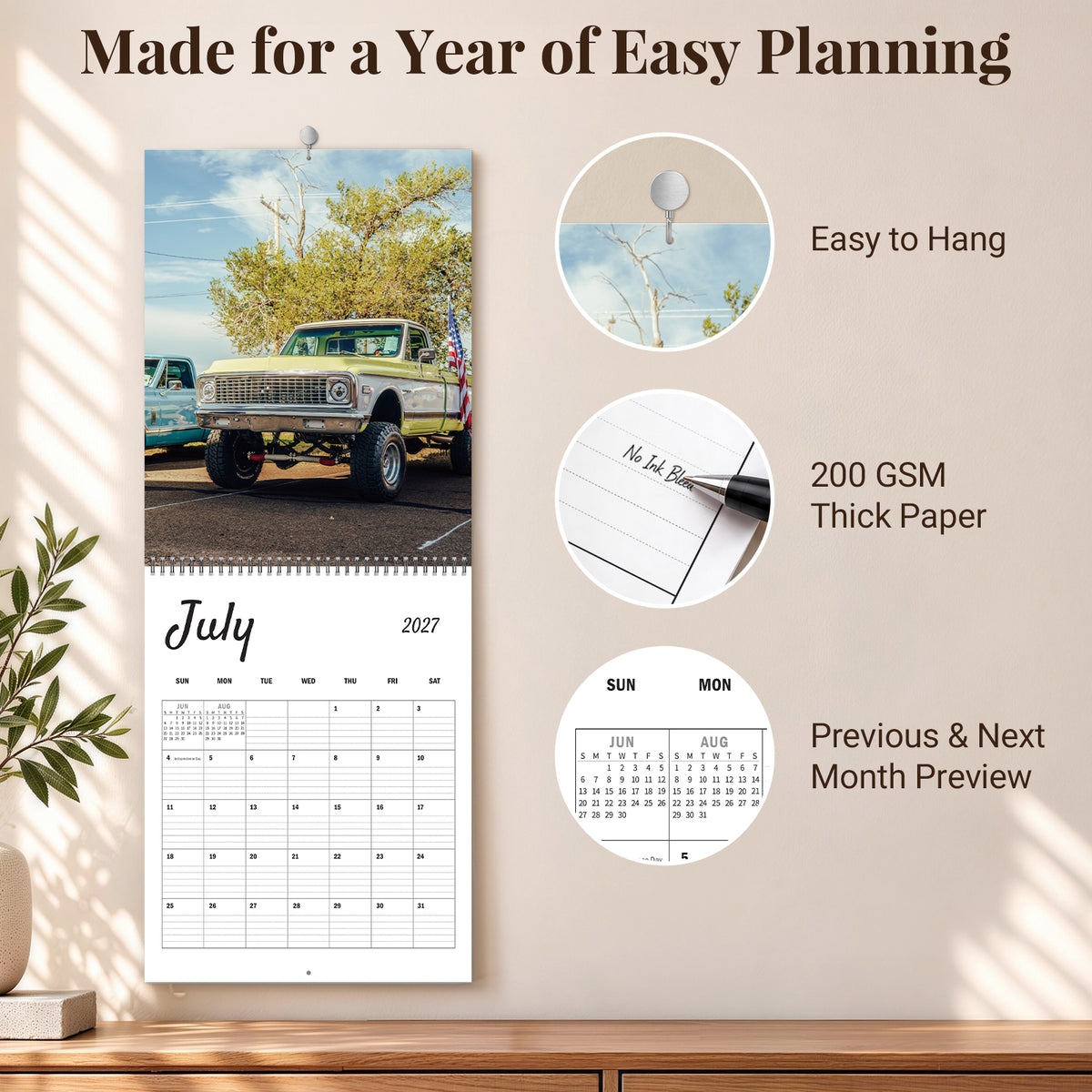 MUKAWA 2027 Wall Calendar, American Pickup Truck Scenes, 11.5" × 14.7"
