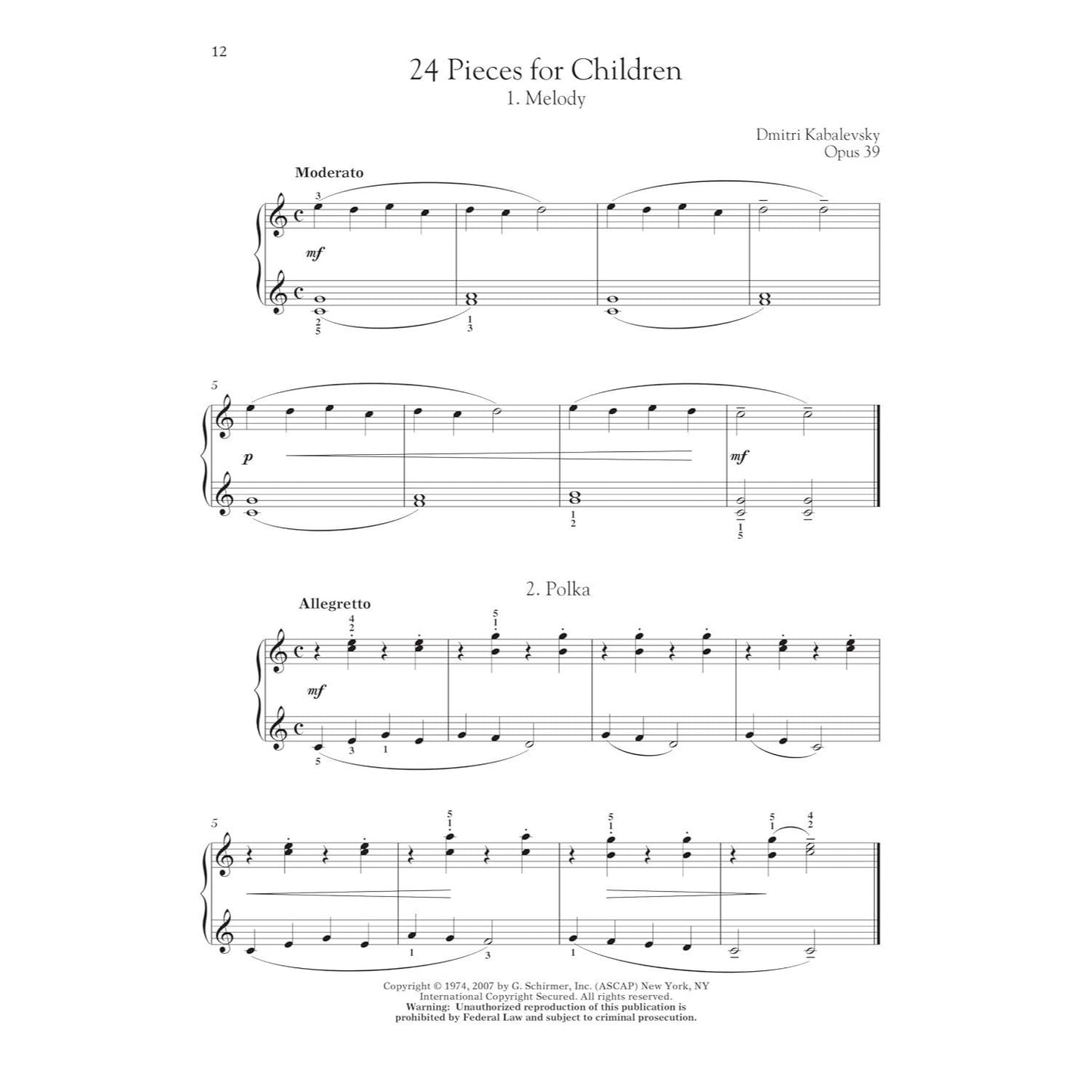 Kabalevsky 24 Pieces for Children, Opus 39 Piano Sheet Music for Late-Elementary and Early-Intermediate Players G. Schirmer Music Book for Students an