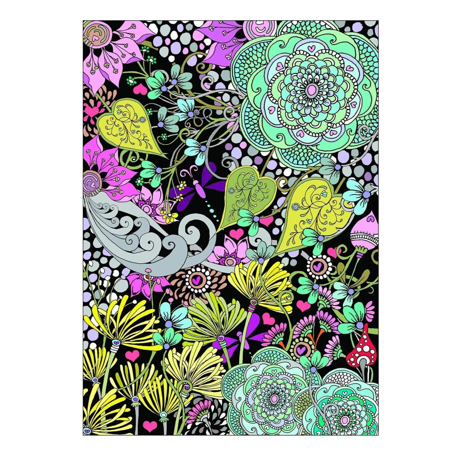 Creative Haven Midnight Garden Coloring Book: Heart & Flower Designs on a Dramatic Black Background