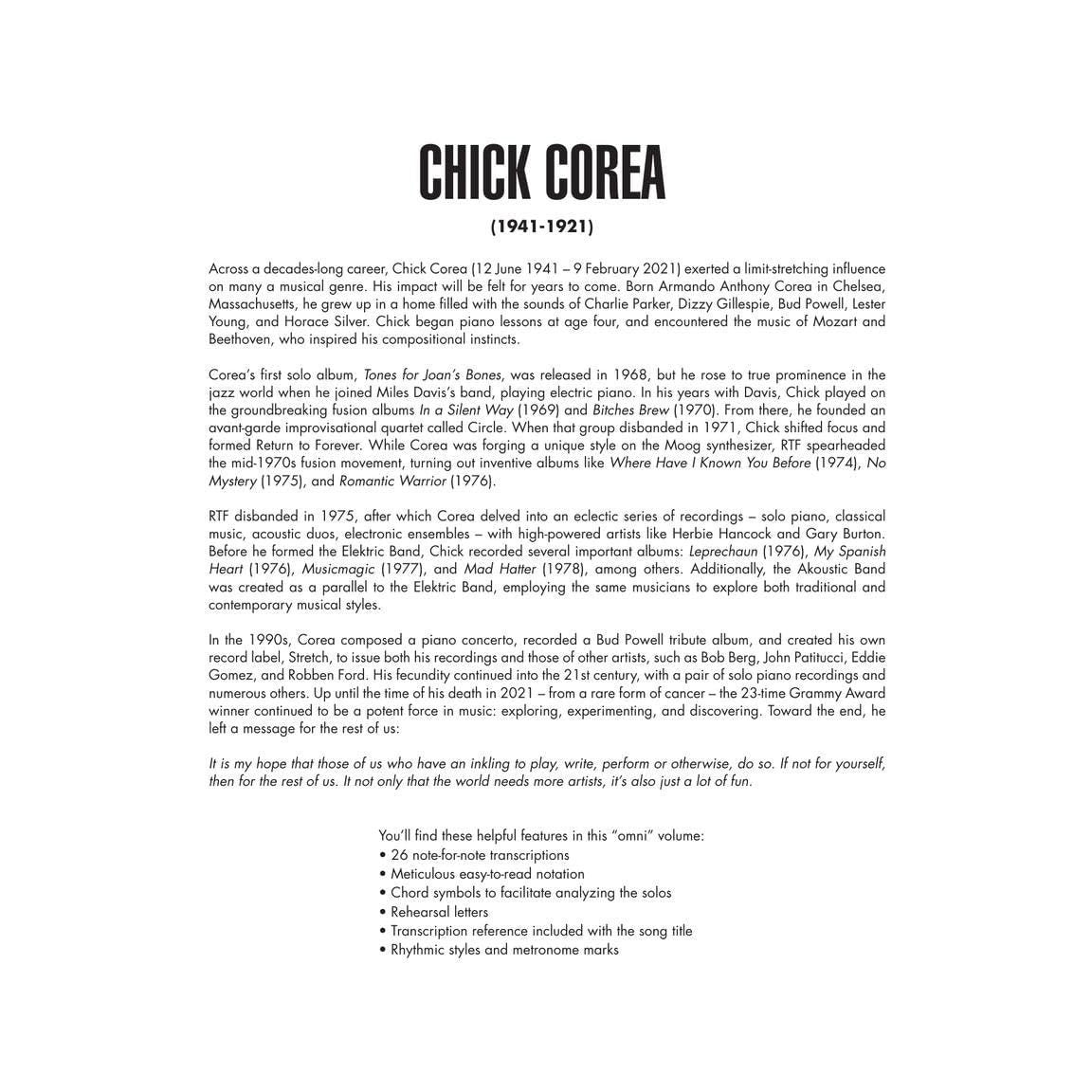 Chick Corea Omnibook for Piano 26 Note-For-Note Transcriptions of Recorded Solos Jazz Improvisation Study Book Sheet Music Collection for Pianists and