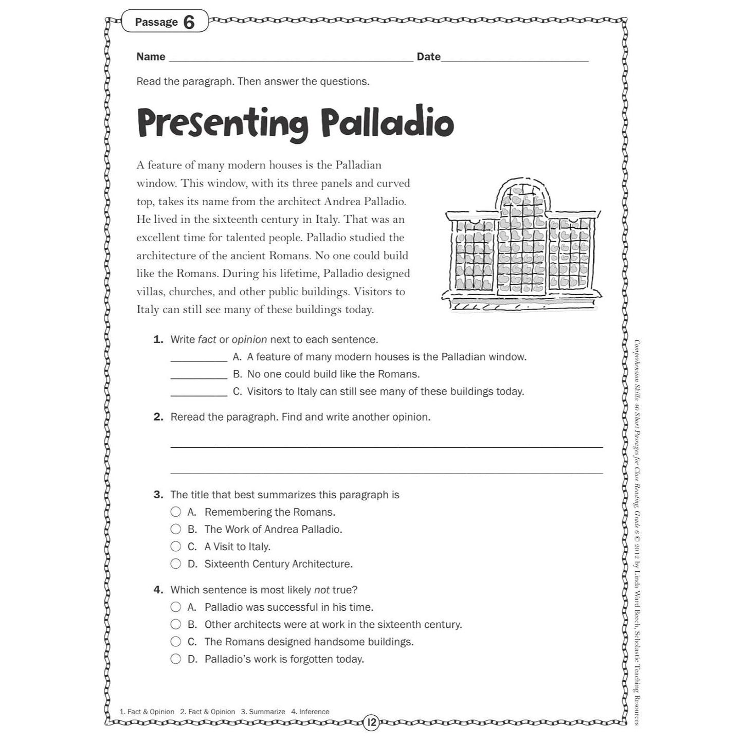 Comprehension Skills: 40 Short Passages for Close Readings, Grade 6