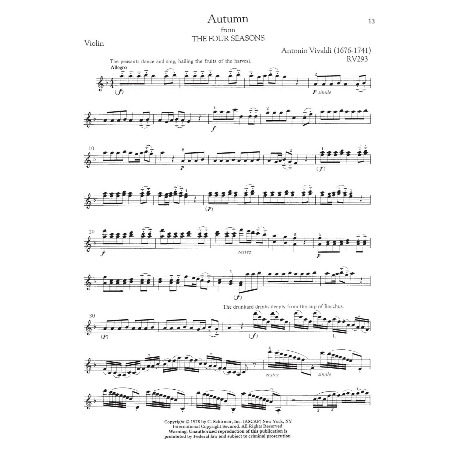 Antonio Vivaldi - The Four Seasons, Complete Four Concertos for Violin and Orchestra with Piano Reduction: Schirmer Library of Classics Volume 2047