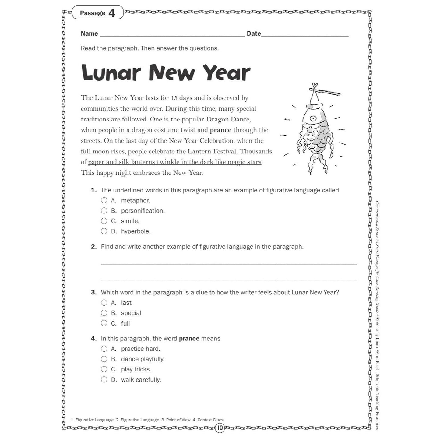 Comprehension Skills: 40 Short Passages for Close Reading: Grade 4 (Spiral Bound)