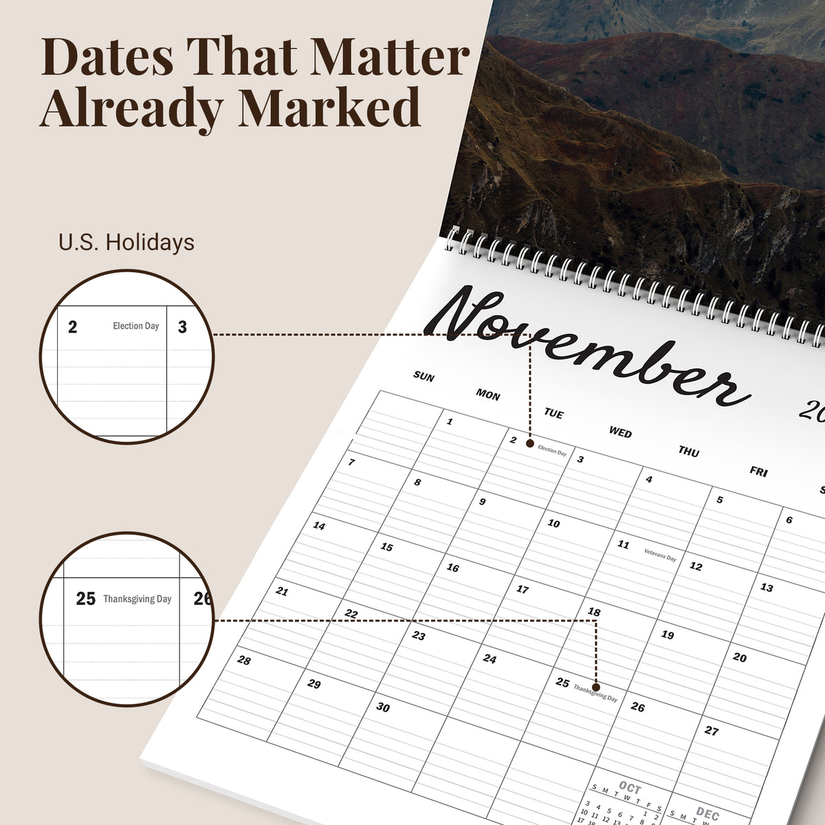 MUKAWA 2027 Mountain Wall Calendar, Four Seasons of Nature, 11.5" × 14.7"