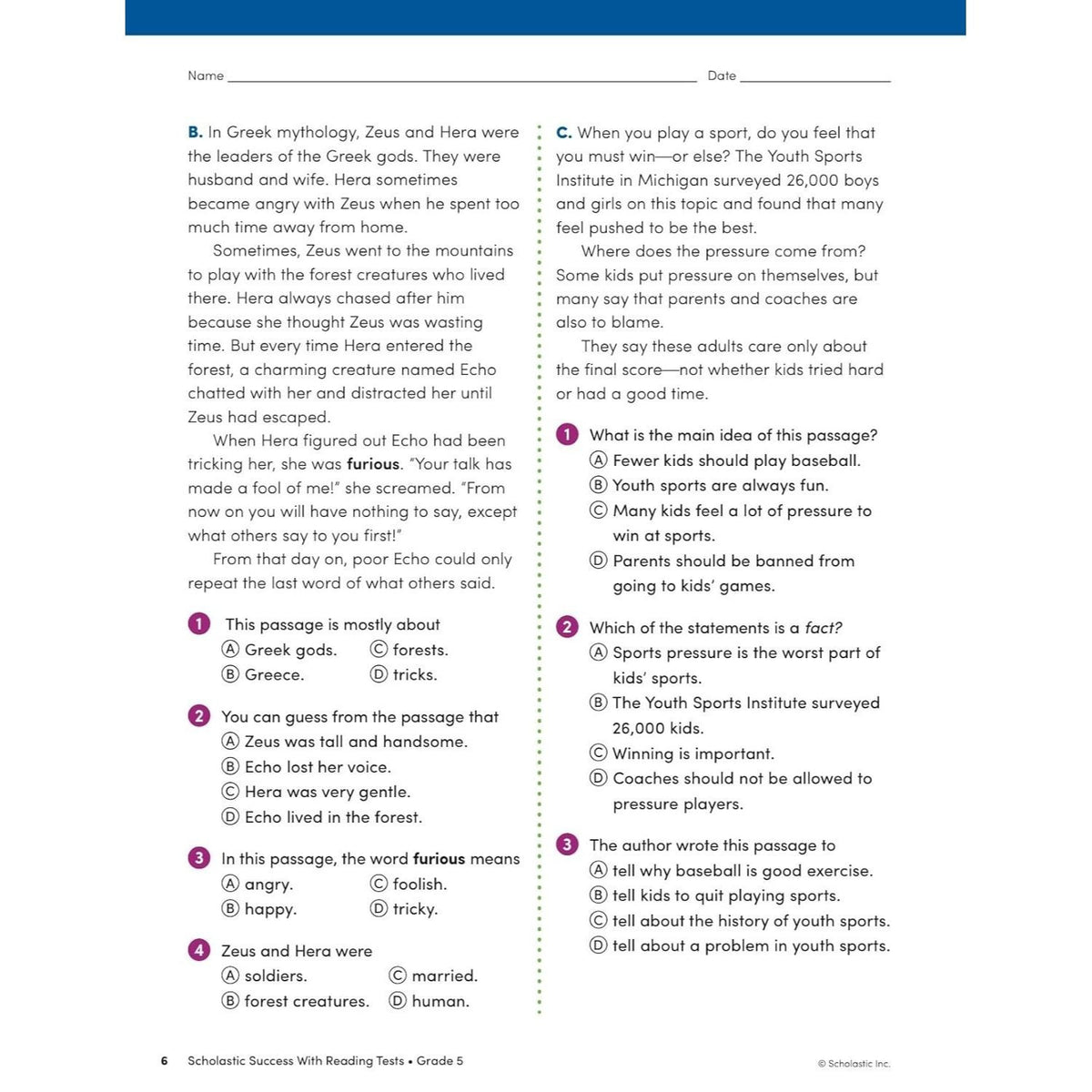 Scholastic Success with Reading Tests Grade 5 Workbook