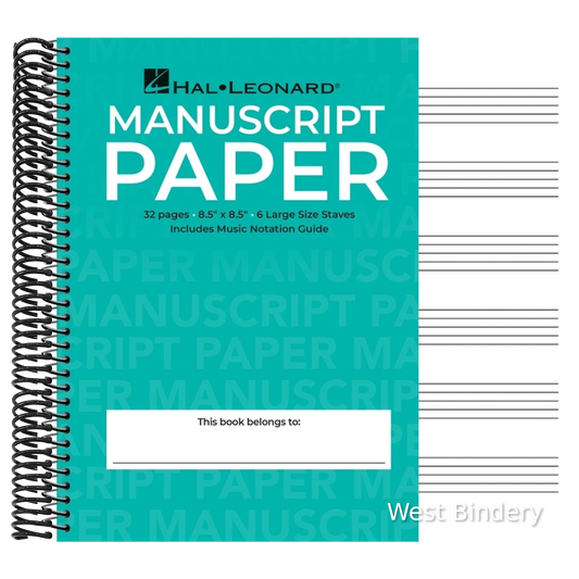 Wide Staff Wirebound Manuscript Paper Aqua Cover Spiral Music Notebook 6 Staves Per Page with Notation Guide