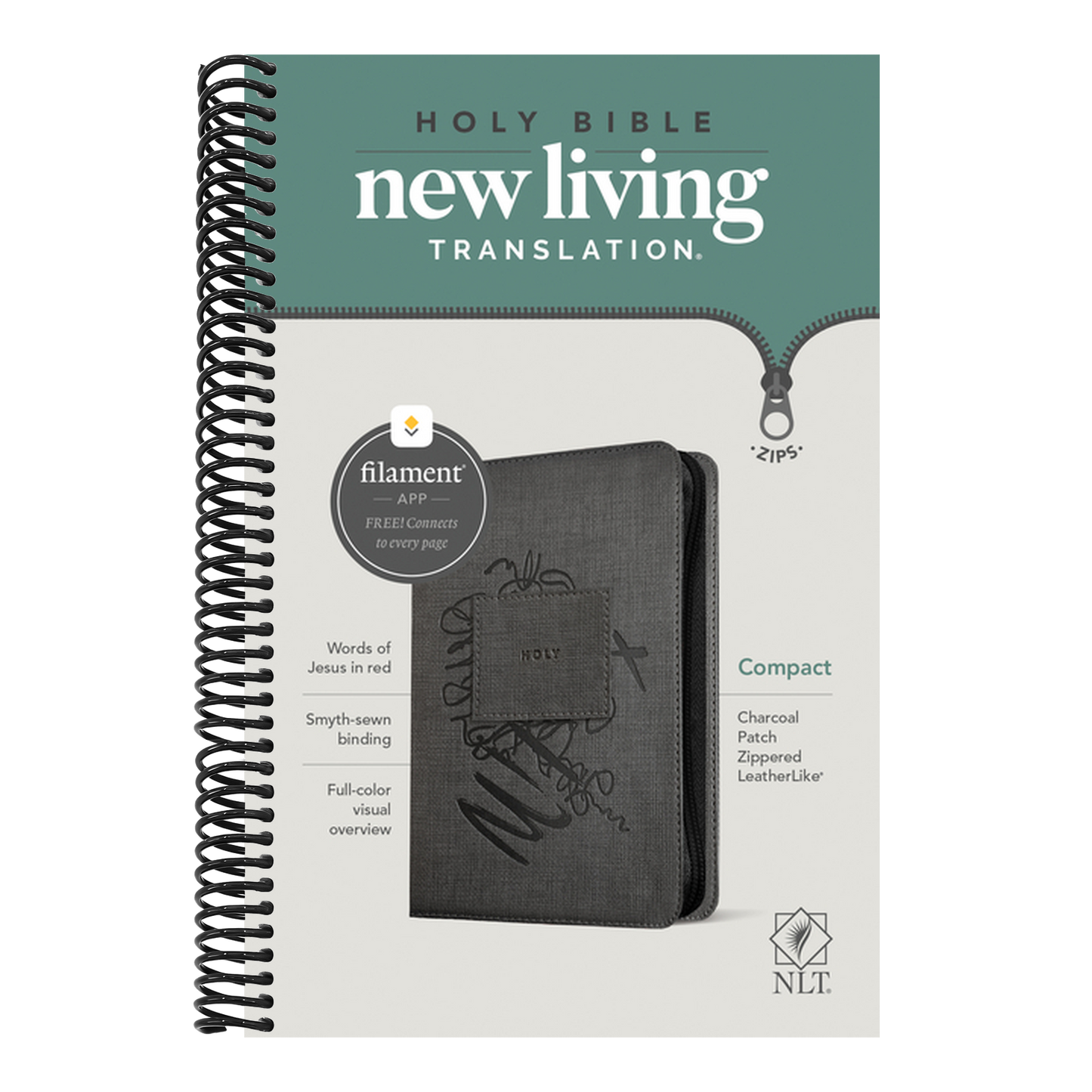 NLT Compact Zipper Bible, Filament Enabled (Leatherlike, Charcoal Patch, Red Letter)