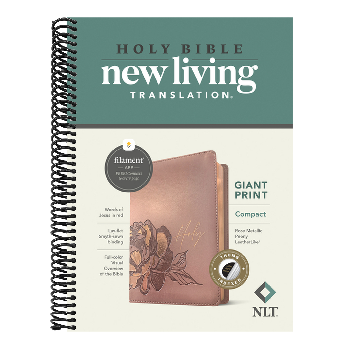 NLT Compact Giant Print Bible, Filament Enabled (Leatherlike, Rose Metallic Peony, Indexed, Red Letter)