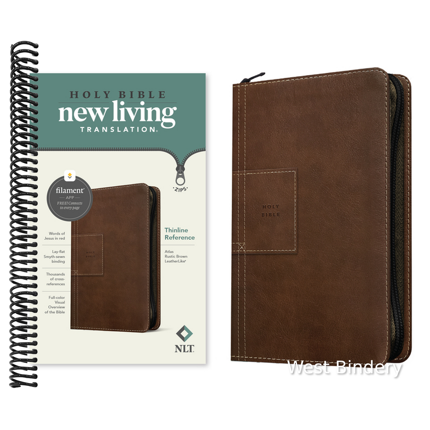 NLT Thinline Reference Zipper Bible, Filament Enabled (Leatherlike, Atlas Rustic Brown, Red Letter)