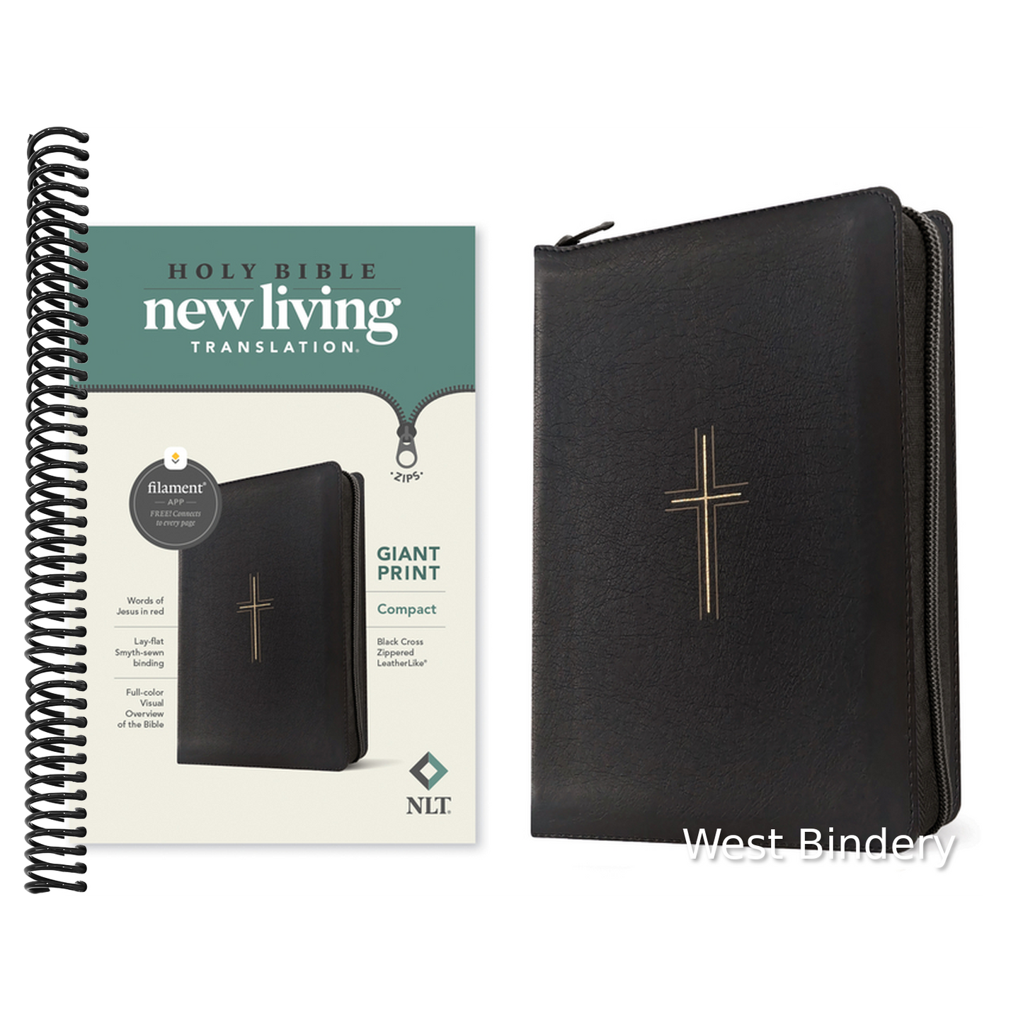 NLT Compact Giant Print Zipper Bible, Filament Enabled (Leatherlike, Black Cross, Red Letter)