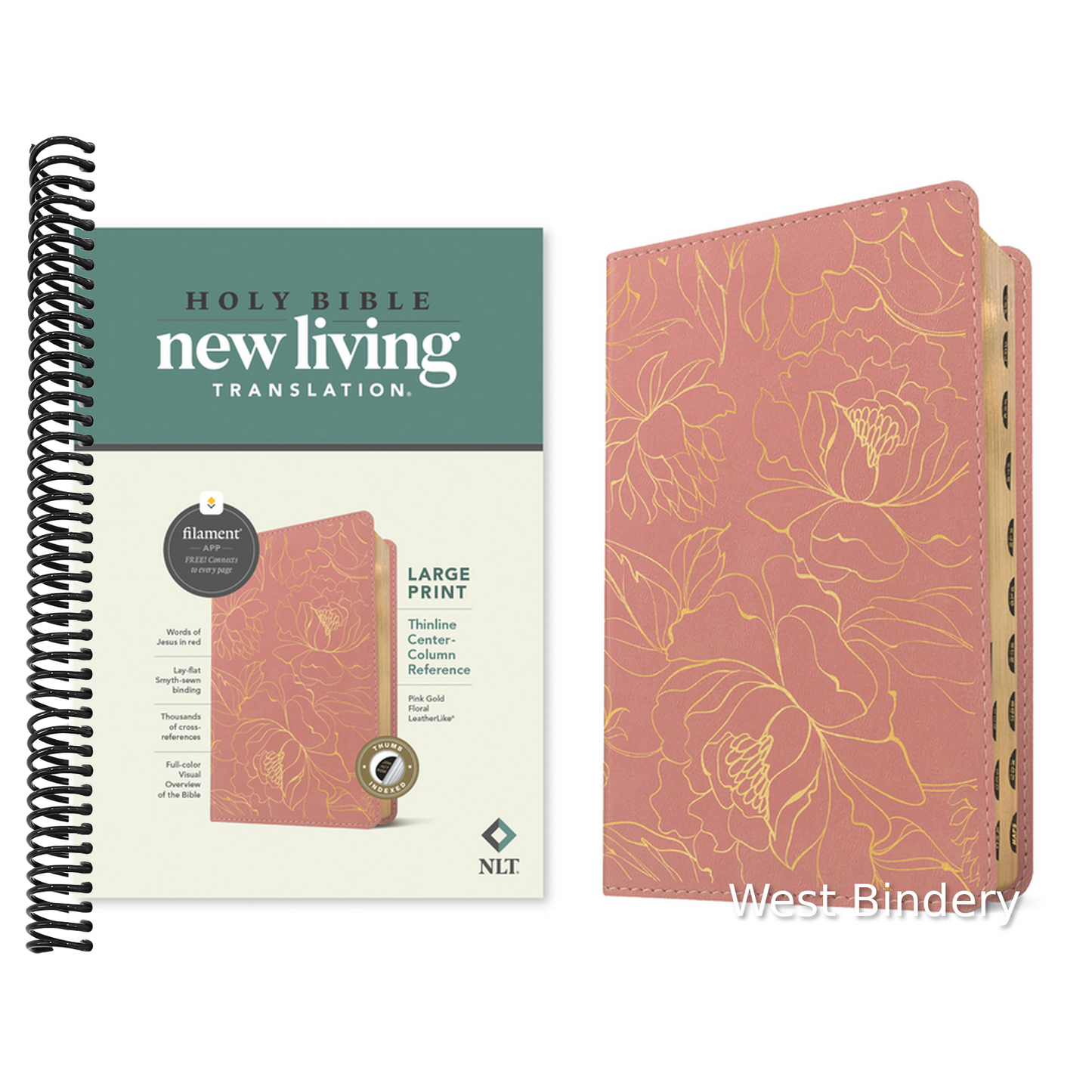NLT Large Print Thinline Center-Column Reference Bible, Filament Enabled (Leatherlike, Pink Gold Floral, Indexed, Red Letter)