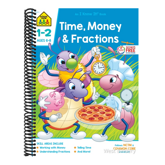 School Zone Time, Money & Fractions Grades 1-2 Workbook
