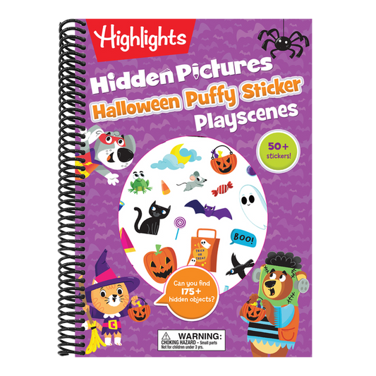 Halloween Hidden Pictures Puffy Sticker Playscenes: Halloween Activity Book for Kids 36 Featuring Over 175 Hidden Objects, 50 Reusable Puffy Stickers (Highlights Puffy Sticker Playscenes) (Spiral Bound)