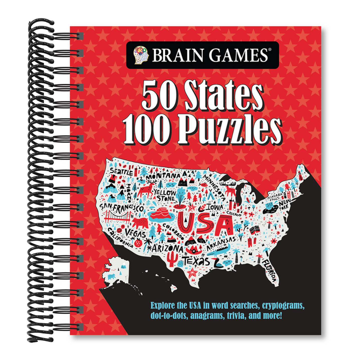Brain Games - 50 States 100 Puzzles: Explore the USA in Word Searches, Cryptograms, Dot-To-Dots, Anagrams, Trivia, and More!