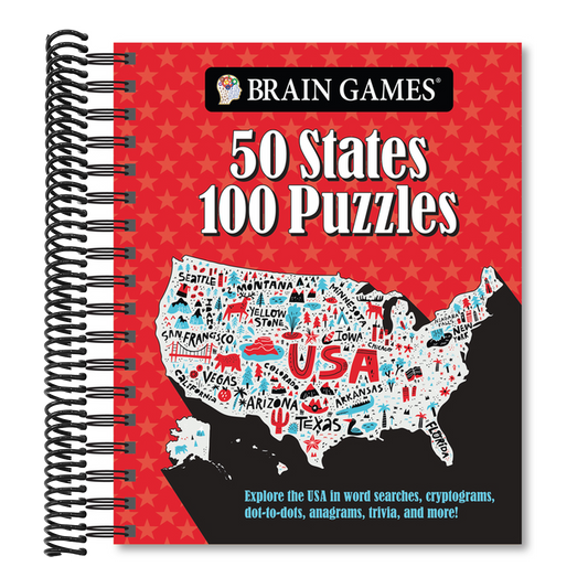 Brain Games - 50 States 100 Puzzles: Explore the USA in Word Searches, Cryptograms, Dot-To-Dots, Anagrams, Trivia, and More!