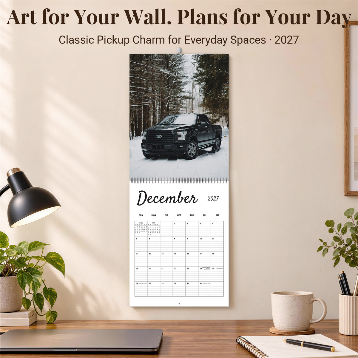 MUKAWA 2027 Wall Calendar, American Pickup Truck Scenes, 11.5" × 14.7"