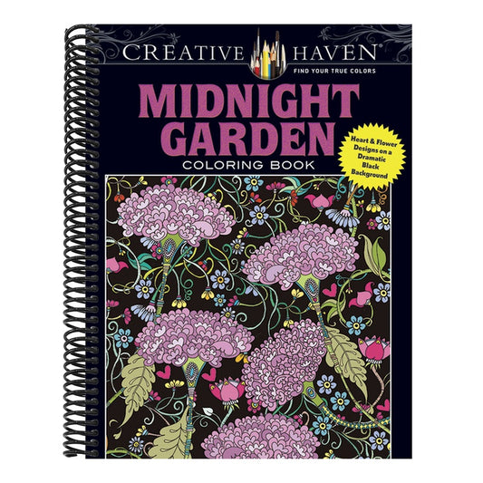 Creative Haven Midnight Garden Coloring Book: Heart & Flower Designs on a Dramatic Black Background
