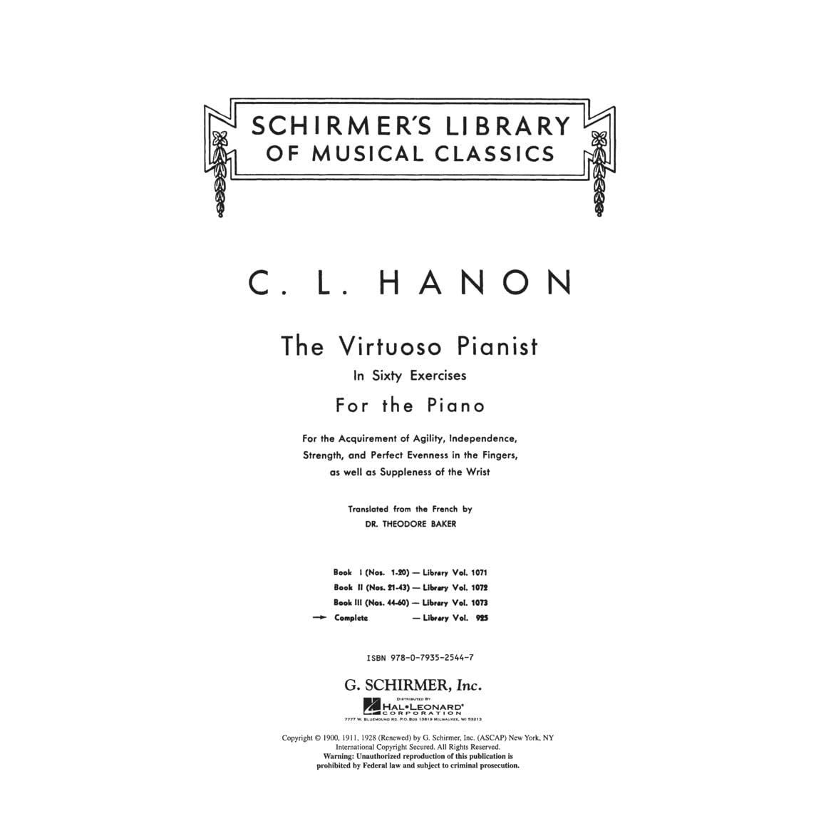 Hanon: The Virtuoso Pianist in Sixty Exercises, Complete (Schirmer's Library of Musical Classics, Vol. 925) (Spiral Bound)