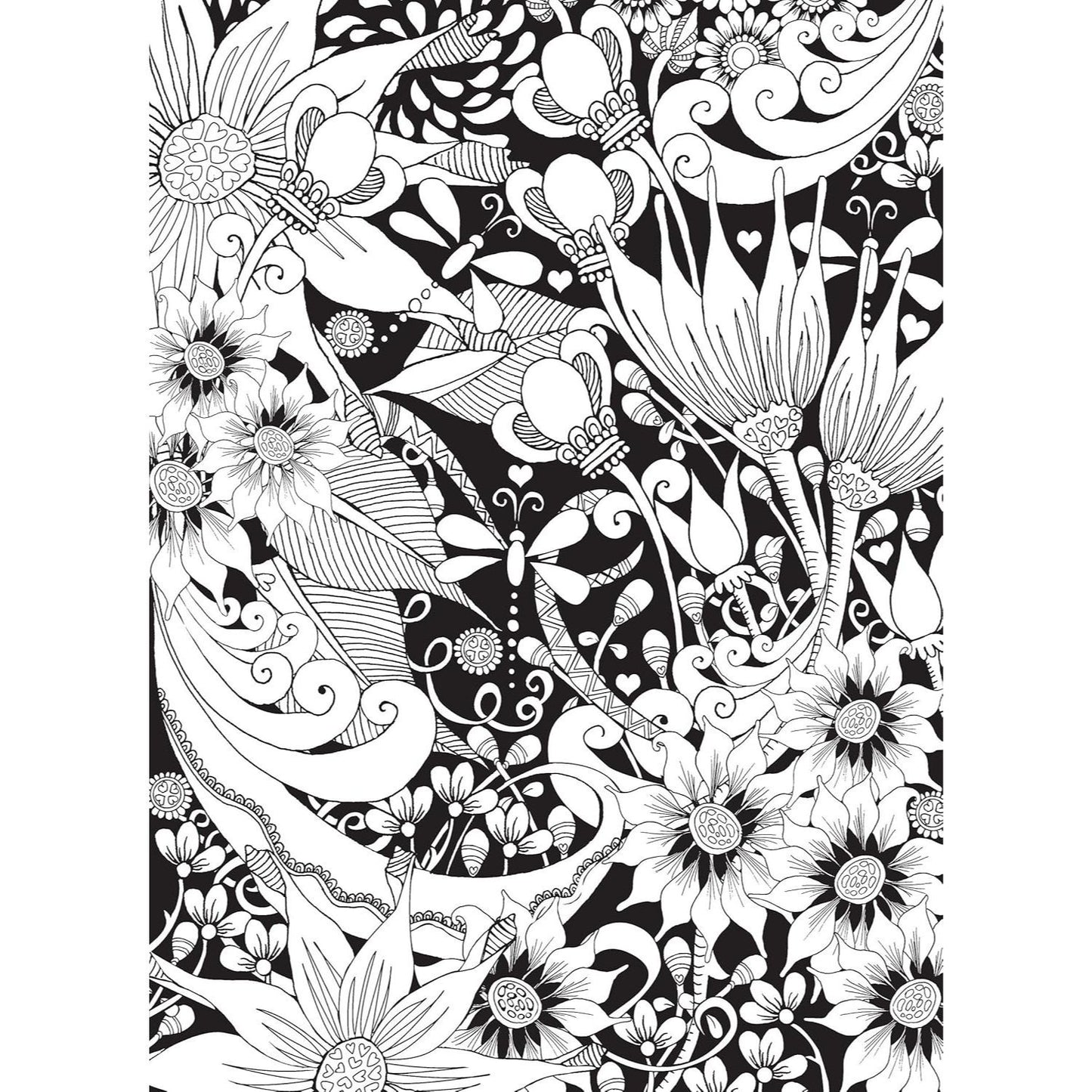 Creative Haven Midnight Garden Coloring Book: Heart & Flower Designs on a Dramatic Black Background