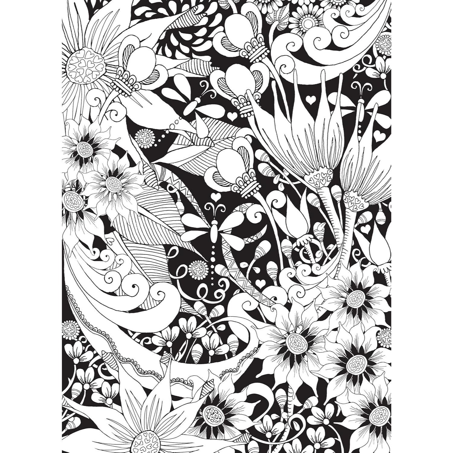 Creative Haven Midnight Garden Coloring Book: Heart & Flower Designs on a Dramatic Black Background
