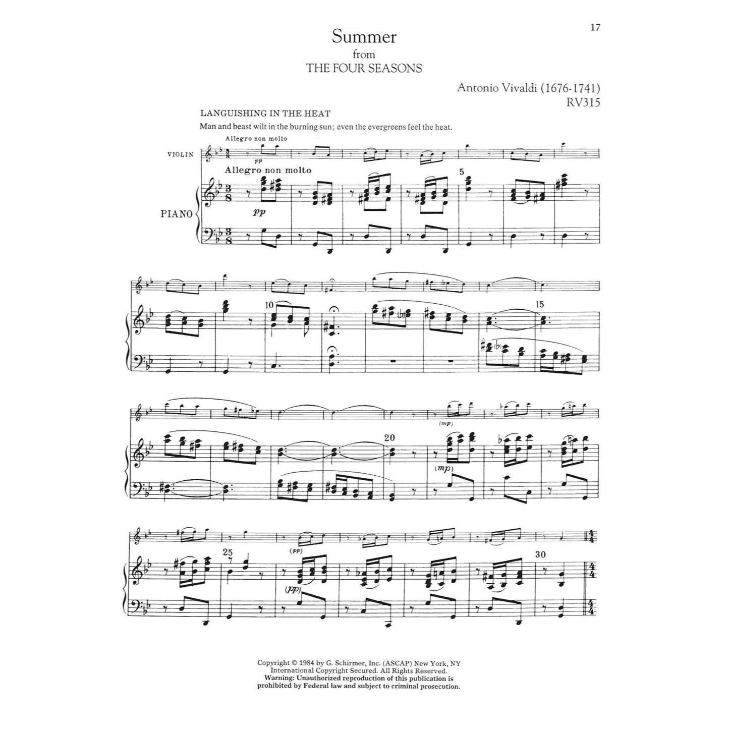 Antonio Vivaldi - The Four Seasons, Complete Four Concertos for Violin and Orchestra with Piano Reduction: Schirmer Library of Classics Volume 2047