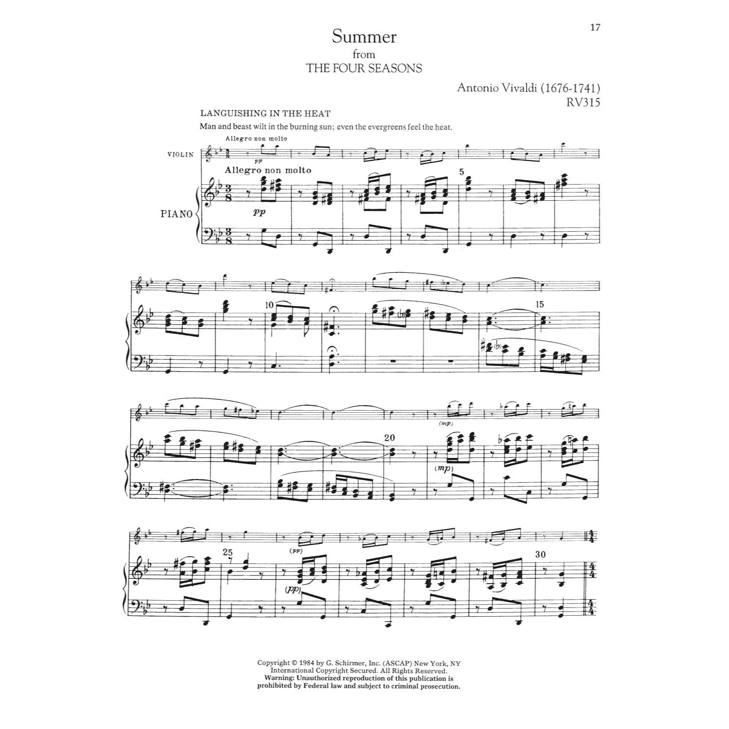 Antonio Vivaldi - The Four Seasons, Complete Four Concertos for Violin and Orchestra with Piano Reduction: Schirmer Library of Classics Volume 2047